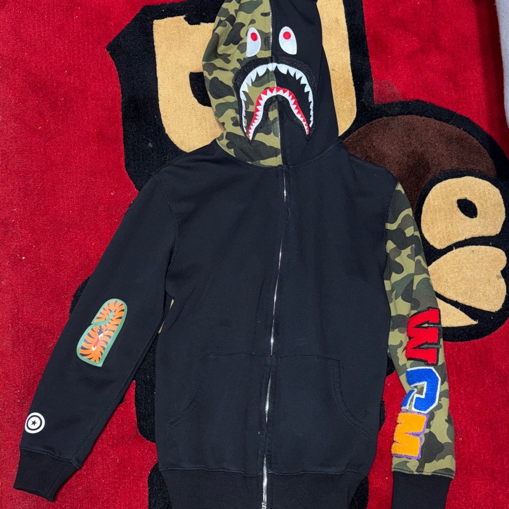 Bape Black Hoodie with Camo Shark Hood and Multicolor Sleeve